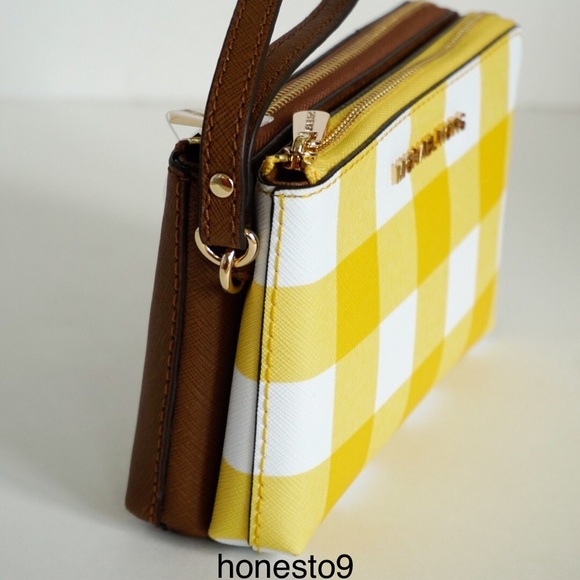 Michael Kors Wristlet Yellow Brown White Gingham - Picture 3 of 8